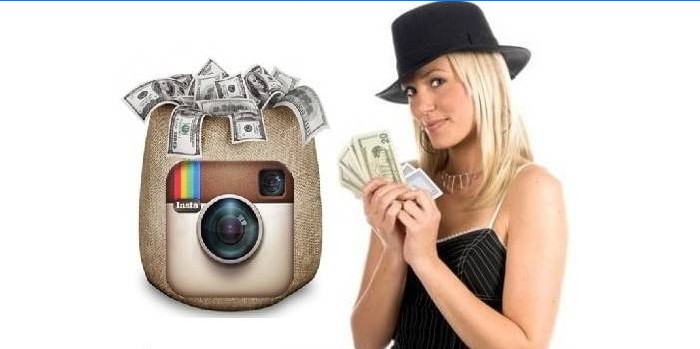 Um saco de dinheiro com um logotipo do Instagram e uma garota com dinheiro na mão