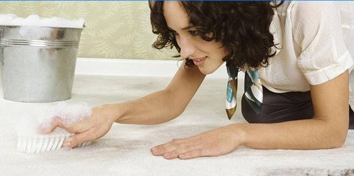 Menina limpa o tapete do cheiro da urina