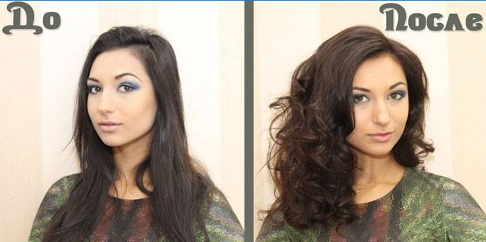 Foto de uma menina com cabelos escuros antes e depois da tonificação