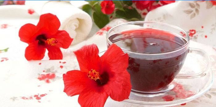 Chá de hibisco em uma xícara e flores de hibisco