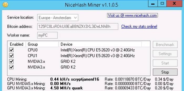 Executando mineração para o processador NiceHash Miner