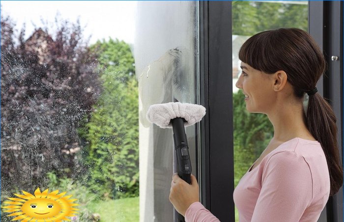 Lavando uma janela com um gerador de vapor