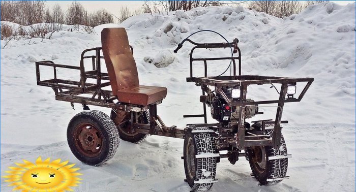 Snowmobile sobre rodas de um trator de passeio